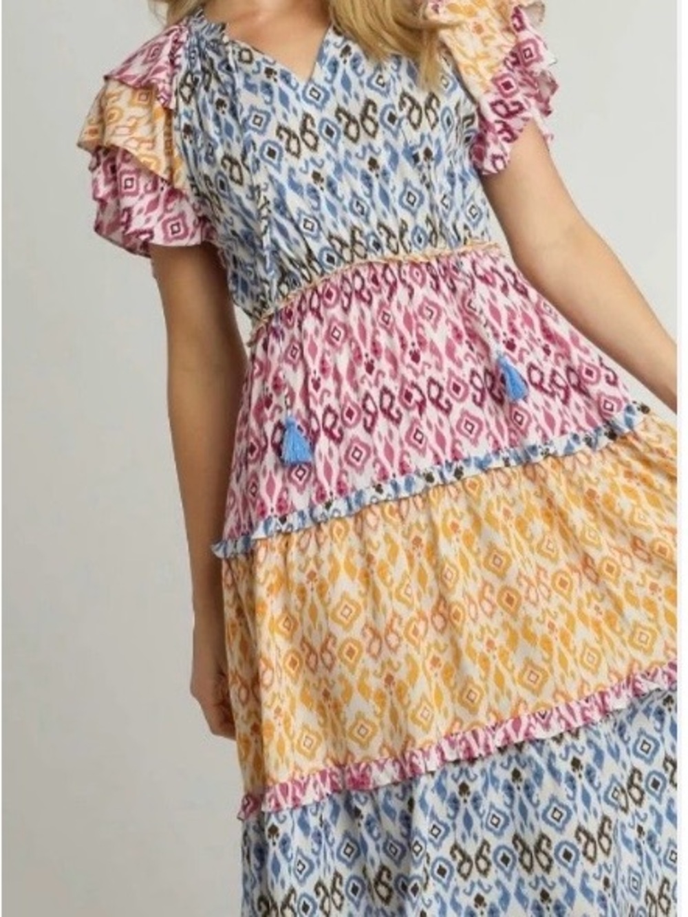 Umgee Mixed Aztec Ikat Print Tiered Midi Dress Boho Ruffle Sleeve Tassel L NWT